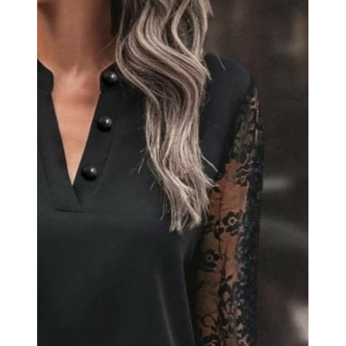 Kadın Uzun Kollu Yaka Düğme Detay Güpürlü Kol Krep Bluz