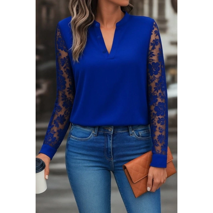 Kadın Uzun Kollu Yaka Düğme Detay Güpürlü Kol Krep Bluz