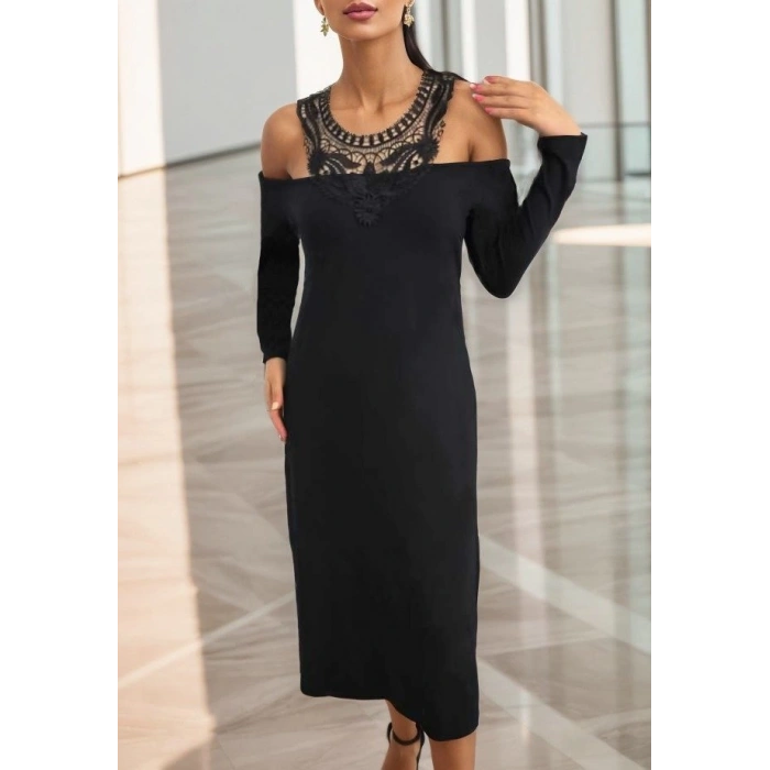 Kadın Uzun Kollu Yaka önü Güpürlü Madonna Yaka Viskon Midi Boy Elbise