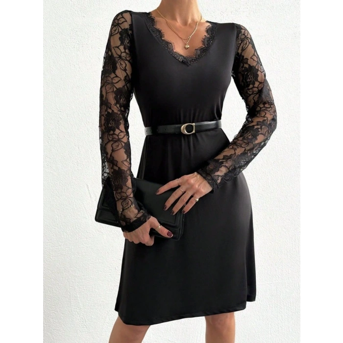 Kadın Uzun Kollu Yaka Ve Kol Dantel Detay Sandy Mini Boy Elbise