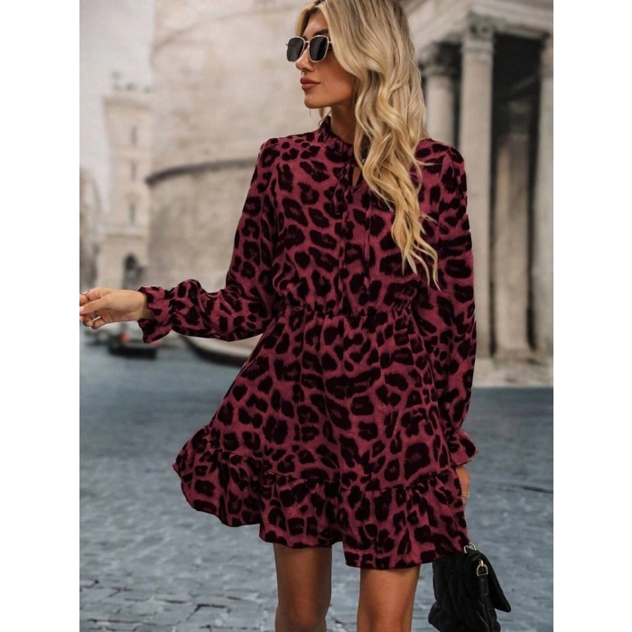 Kadın Uzun Kollu Yakadan Bağcıklı Modal Leopar Desenli Mini Elbise