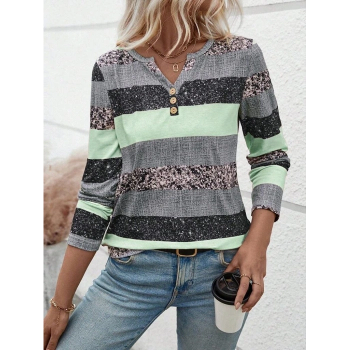 Kadın Uzun Kollu Yakadan Düğmeli çizgili Desenli Süprem Bluz