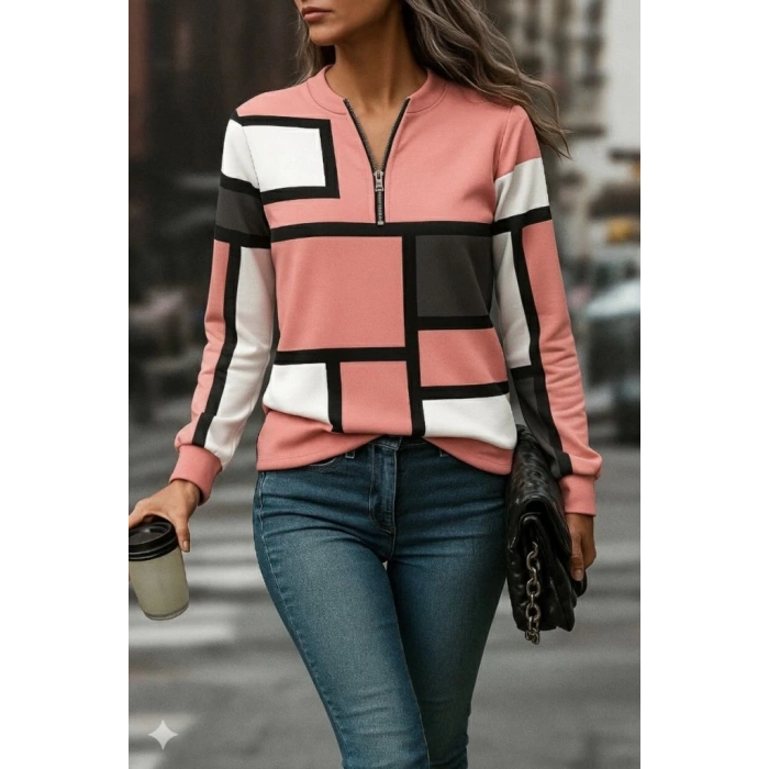 Kadın Uzun Kollu Yakadan Fermuarlı Desenli şardonlu Dalgıç Bluz