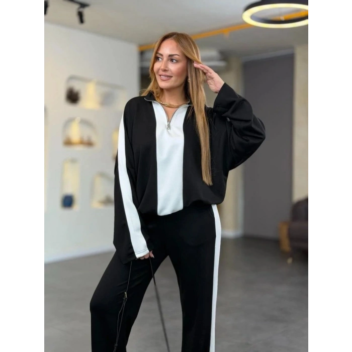 Kadın Uzun Kollu Yakadan Fermuarlı Viskon Iki Iplik Bluz Ve Pantolon Ikili Takım