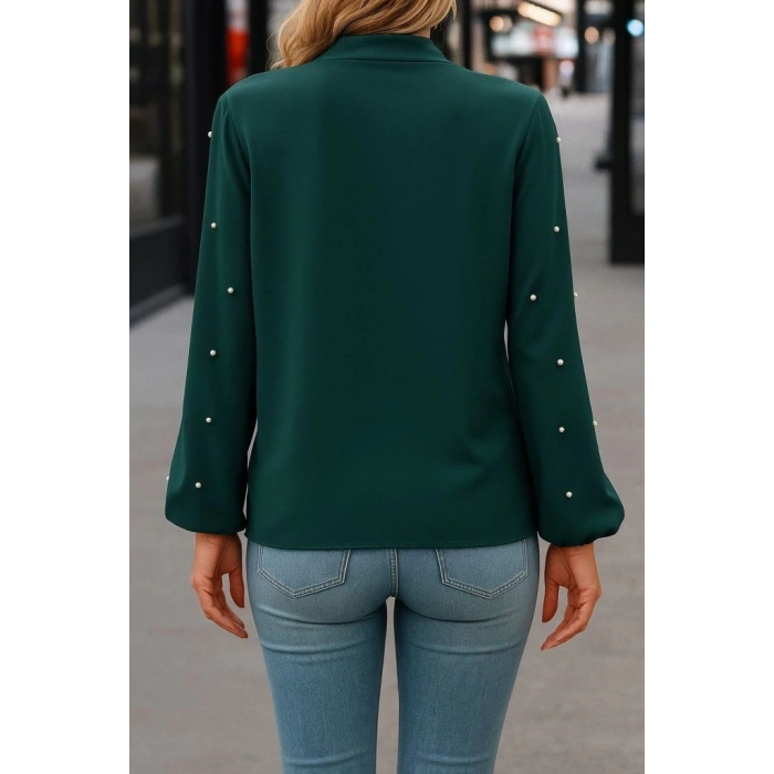 Kadın Uzun Kollu Yakadan Fiyonklu Incili Ithal Krep Bluz