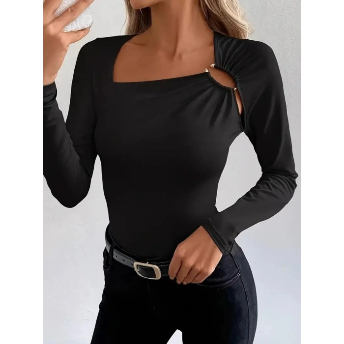 Kadın Uzun Kollu Yakadan Halka Detaylı Viskon Bluz