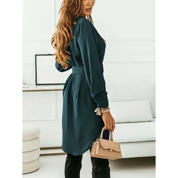 Kadın Uzun Kollu Yakalı Belden Kemerli Kıs Ithal Krep Elbise