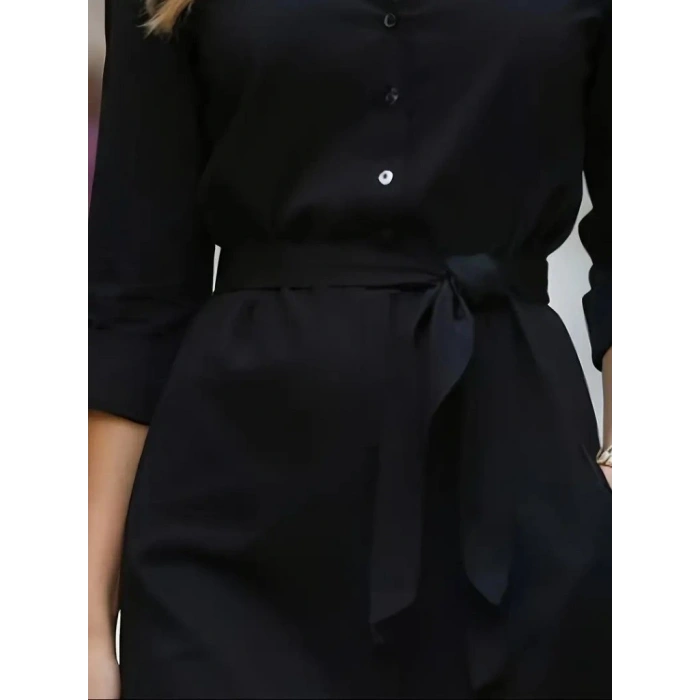 Kadın Uzun Kollu Yakalı Belden Kuşaklı Midi Trikoton Elbise