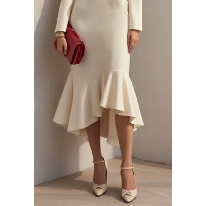 Kadın Uzun Kollu Yakalı Belden Oturtmalı Midi Ithal Krep Elbise