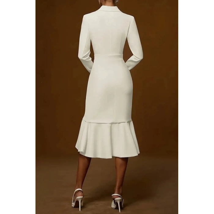 Kadın Uzun Kollu Yakalı Belden Oturtmalı Midi Ithal Krep Elbise