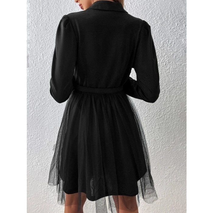 Kadın Uzun Kollu Yakalı Belinde Kemer Detaylı Mini Tüllü Ithal Krep Elbise