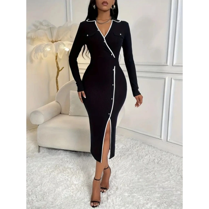 Kadın Uzun Kollu Yakalı Cepli Düğmeli Yırtmaç Detaylı Modal Uzun Elbise