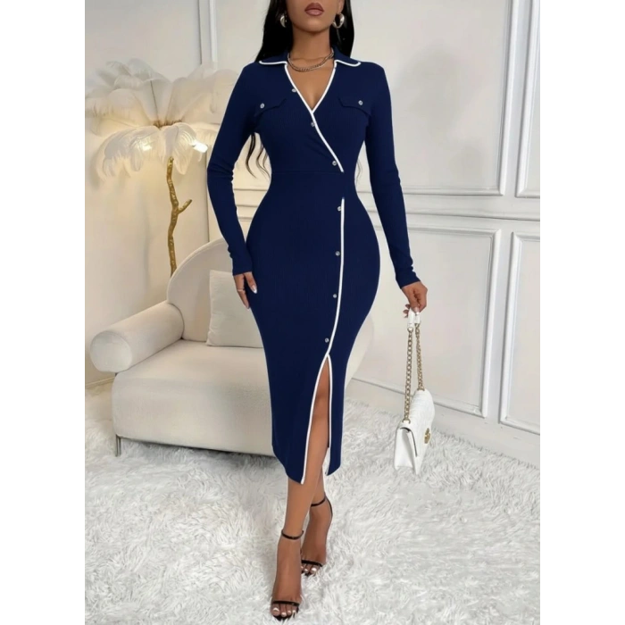 Kadın Uzun Kollu Yakalı Cepli Düğmeli Yırtmaç Detaylı Modal Uzun Elbise