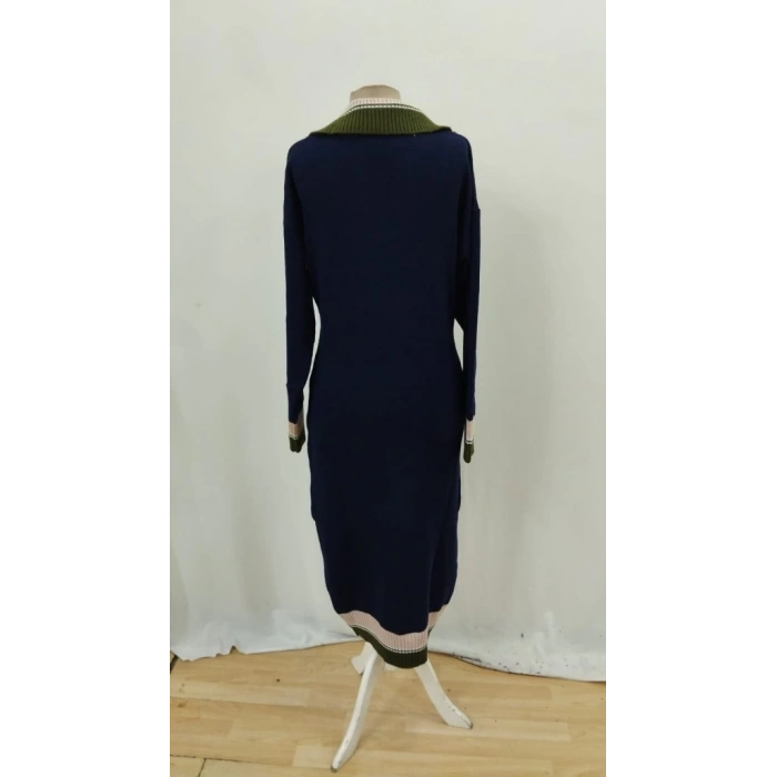 Kadın Uzun Kollu Yakalı çok Renkli Triko Uzun Elbise