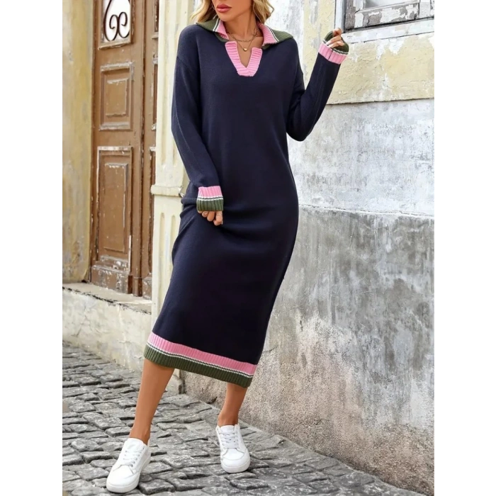 Kadın Uzun Kollu Yakalı çok Renkli Triko Uzun Elbise