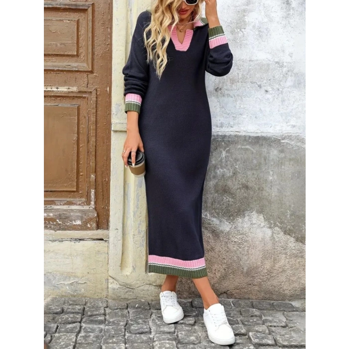Kadın Uzun Kollu Yakalı çok Renkli Triko Uzun Elbise
