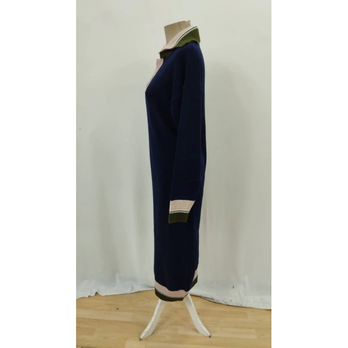 Kadın Uzun Kollu Yakalı çok Renkli Triko Uzun Elbise