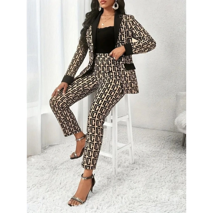 Kadın Uzun Kollu Yakalı Desenli Dalgıç Ceket Bluz Ve Pantolon üçlü Takım