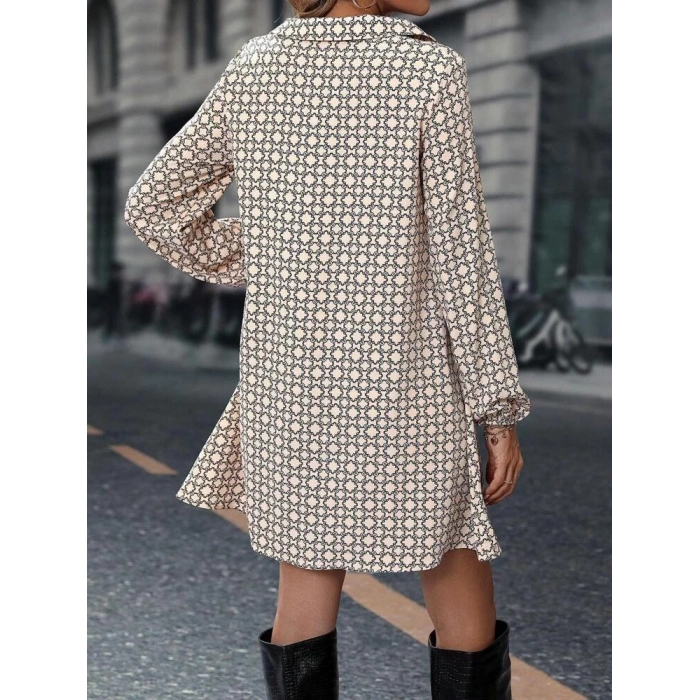 Kadın Uzun Kollu Yakalı Desenli Mini Modal Elbise
