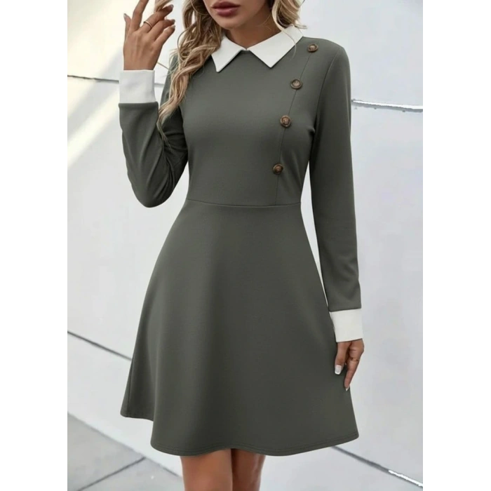 Kadın Uzun Kollu Yakalı Düğmeli çağla Yeşili Modal Mini Elbise