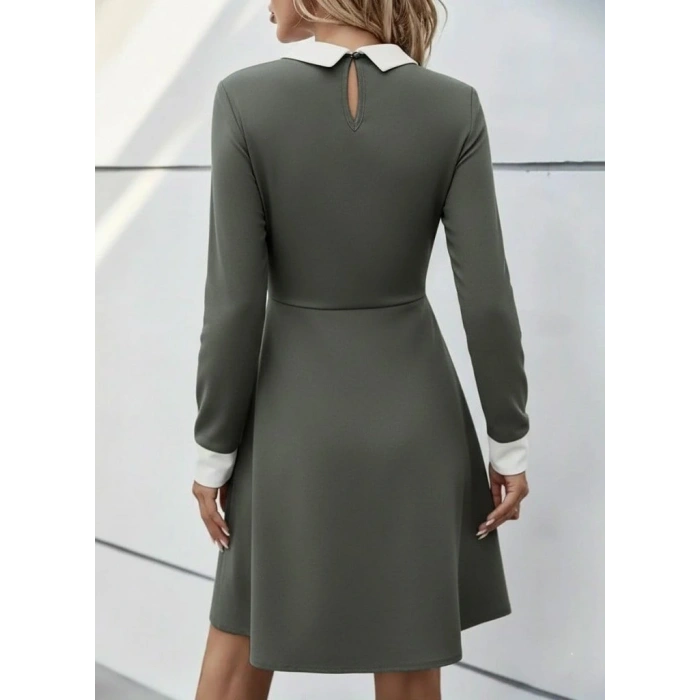 Kadın Uzun Kollu Yakalı Düğmeli çağla Yeşili Modal Mini Elbise