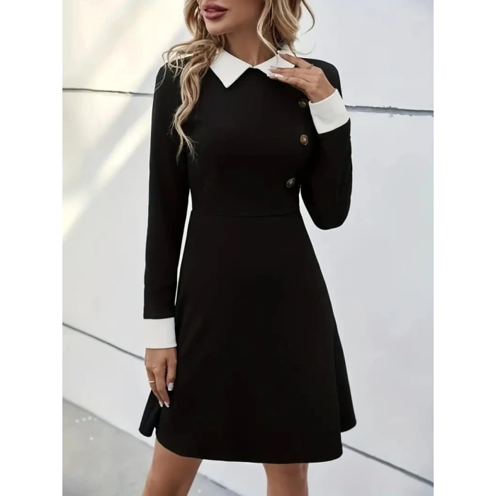 Kadın Uzun Kollu Yakalı Düğmeli Kısa Modal Mini Elbise
