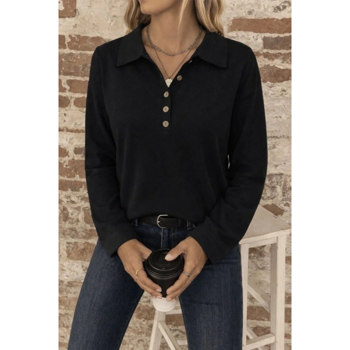 Kadın Uzun Kollu Yakalı Düğmeli Salaş Waffle Bluz