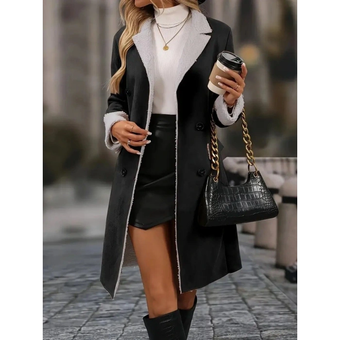 Kadın Uzun Kollu Yakalı Düğmeli Süet Mini Manto