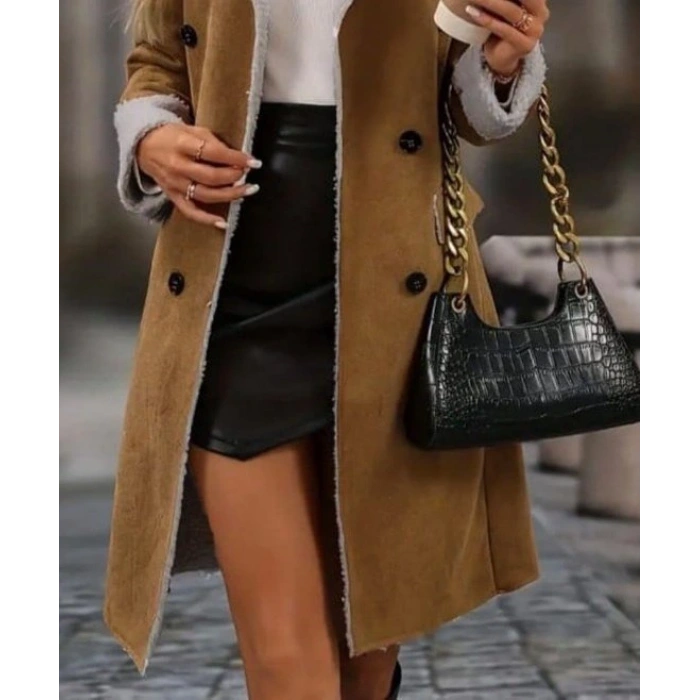 Kadın Uzun Kollu Yakalı Düğmeli Süet Mini Manto