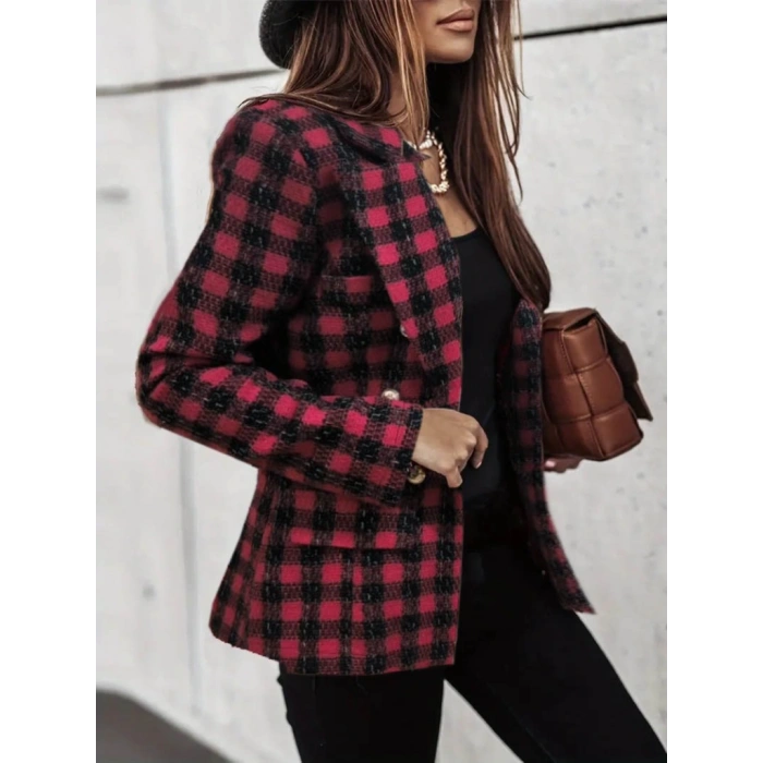 Kadın Uzun Kollu Yakalı Kare Desenli Ekoseli Düğmeli Ceket