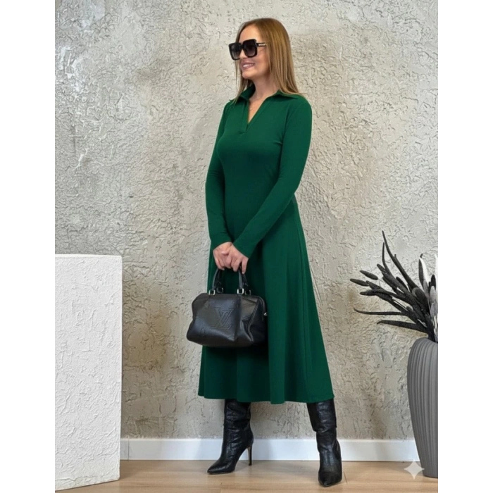 Kadın Uzun Kollu Yakalı Midi Viskon Iki Iplik Elbise