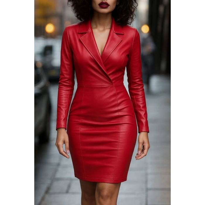 Kadın Uzun Kollu Yakalı Mini Deri Elbise