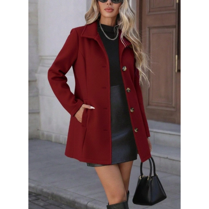 Kadın Uzun Kollu Yakalı önden Düğmeli Astarsız Ithal Kaşe Kaban