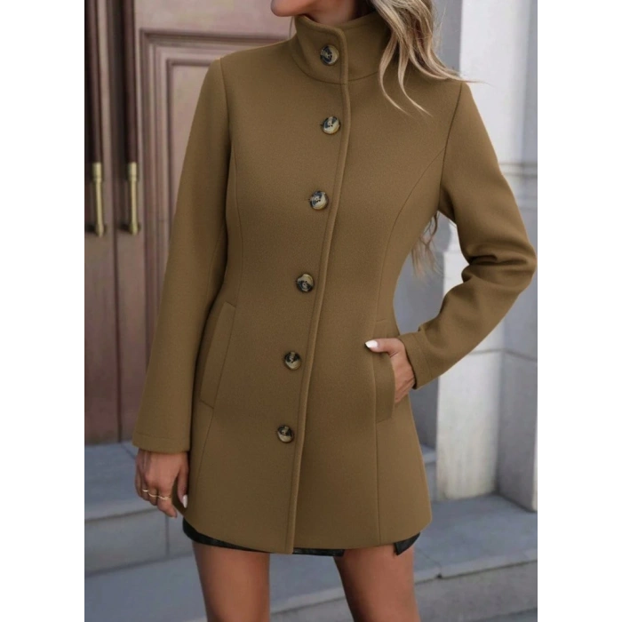 Kadın Uzun Kollu Yakalı önden Düğmeli Astarsız Ithal Kaşe Kahve Kaban
