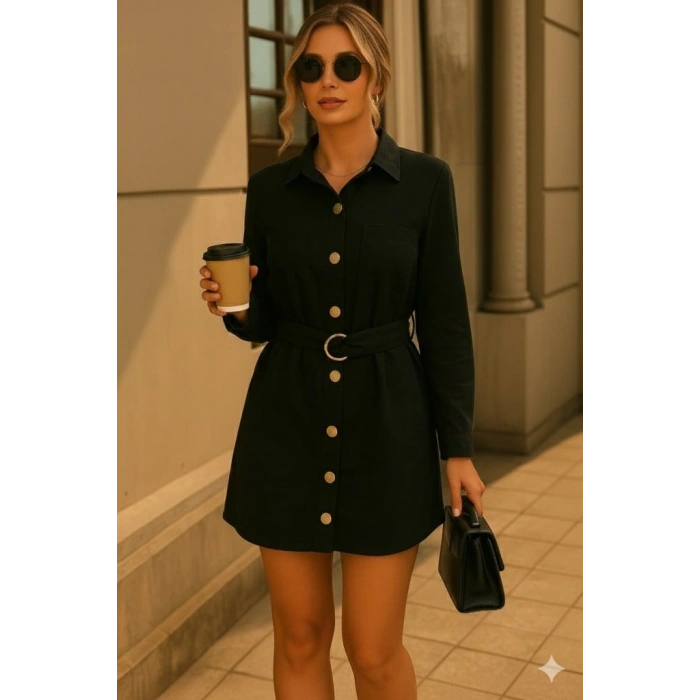 Kadın Uzun Kollu Yakalı önden Düğmeli Beli Kuşaklı Mini Ithal Keten Elbise
