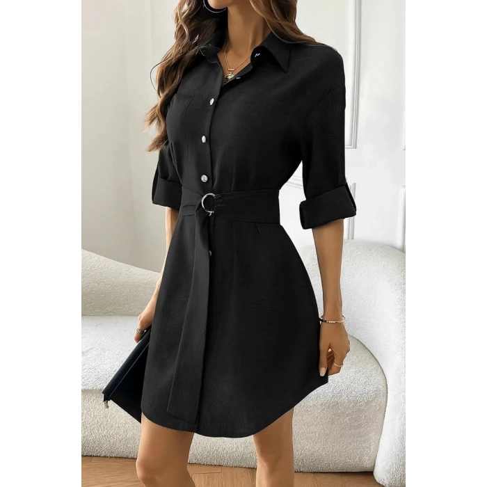 Kadın Uzun Kollu Yakalı önden Düğmeli Beli Kuşaklı Mini Ithal Keten Elbise