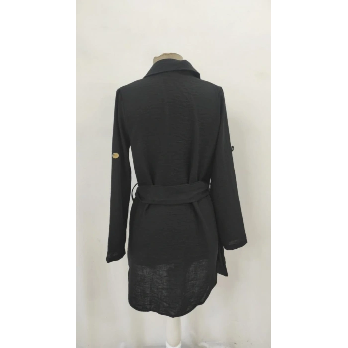 Kadın Uzun Kollu Yakalı önden Düğmeli Beli Kuşaklı Mini Ithal Keten Elbise