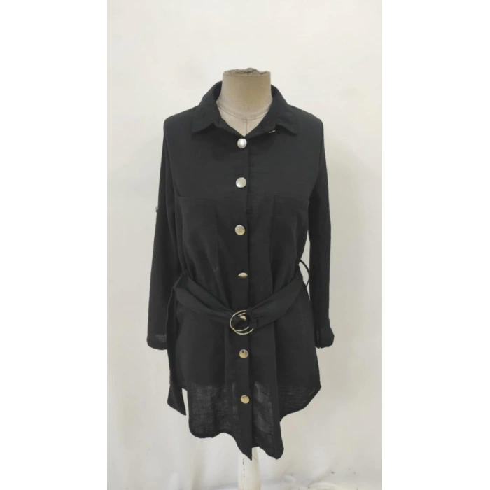 Kadın Uzun Kollu Yakalı önden Düğmeli Beli Kuşaklı Mini Ithal Keten Elbise