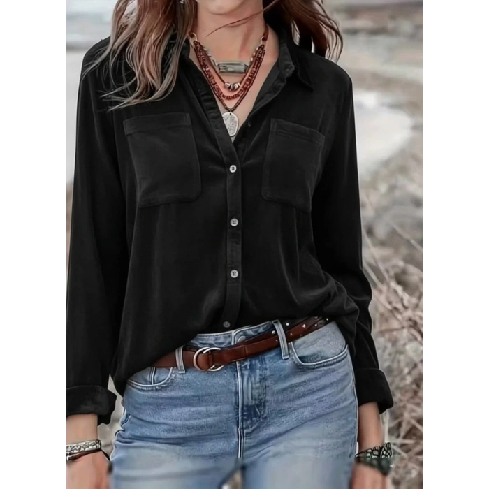 Kadın Uzun Kollu Yakalı önden Düğmeli Cep Detaylı Kadife Gömlek