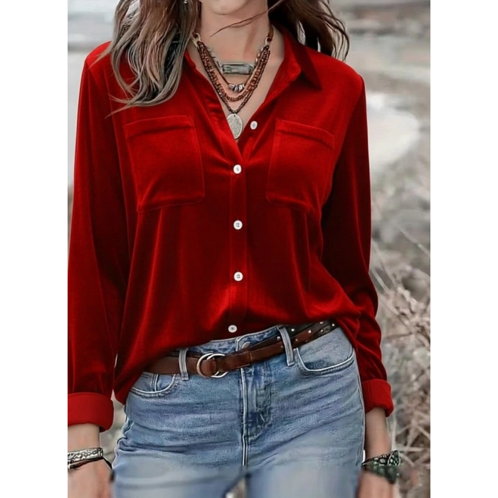 Kadın Uzun Kollu Yakalı önden Düğmeli Cep Detaylı Kadife Gömlek