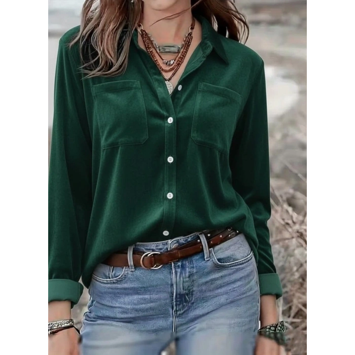 Kadın Uzun Kollu Yakalı önden Düğmeli Cep Detaylı Kadife Gömlek