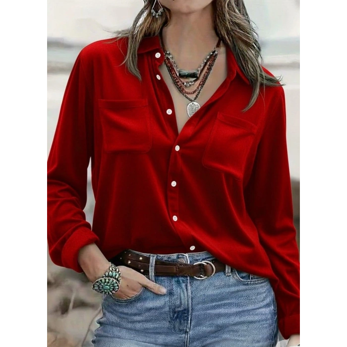 Kadın Uzun Kollu Yakalı önden Düğmeli Cep Detaylı Kadife Gömlek