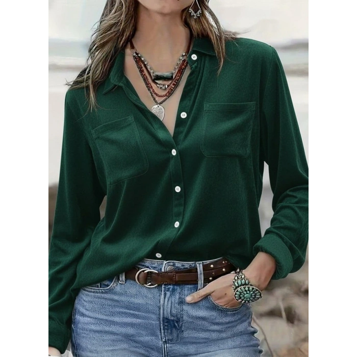 Kadın Uzun Kollu Yakalı önden Düğmeli Cep Detaylı Kadife Gömlek