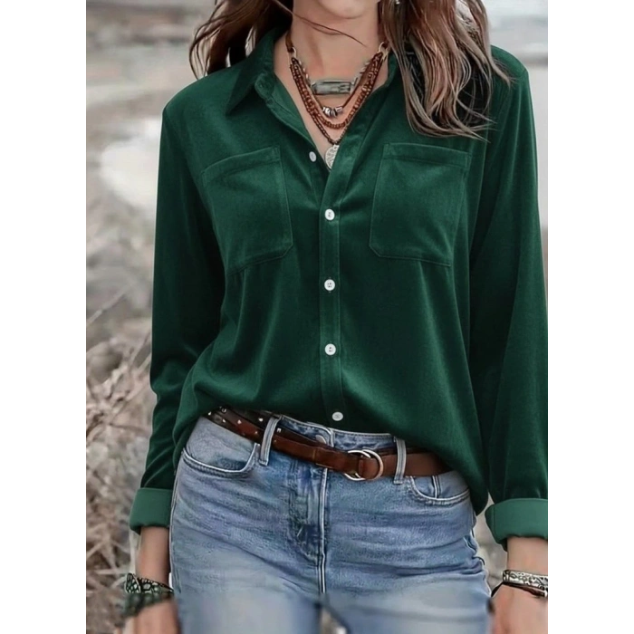 Kadın Uzun Kollu Yakalı önden Düğmeli Cep Detaylı Kadife Gömlek