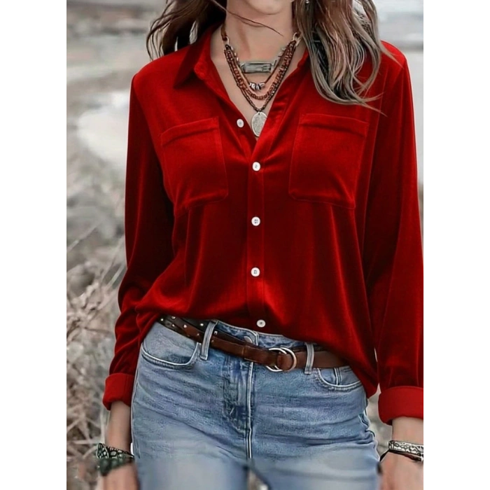 Kadın Uzun Kollu Yakalı önden Düğmeli Cep Detaylı Kadife Gömlek