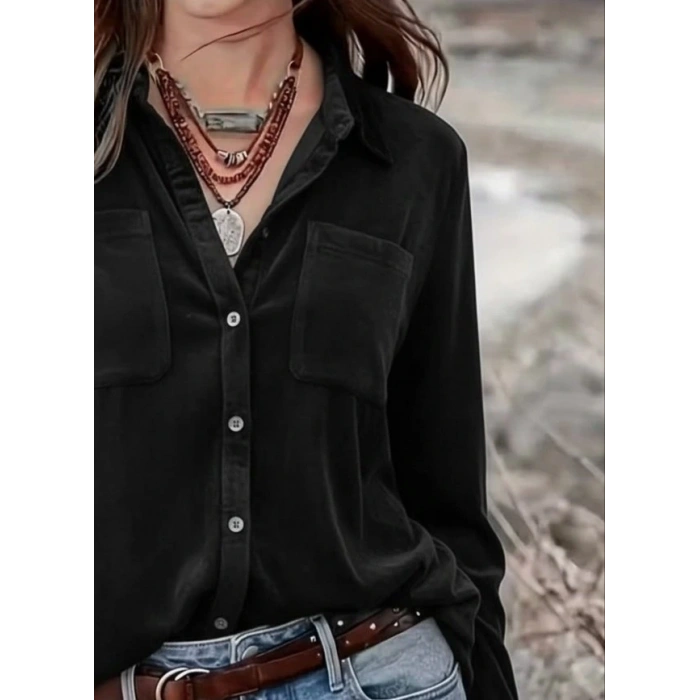 Kadın Uzun Kollu Yakalı önden Düğmeli Cep Detaylı Kadife Gömlek
