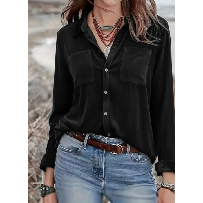 Kadın Uzun Kollu Yakalı önden Düğmeli Cep Detaylı Kadife Gömlek
