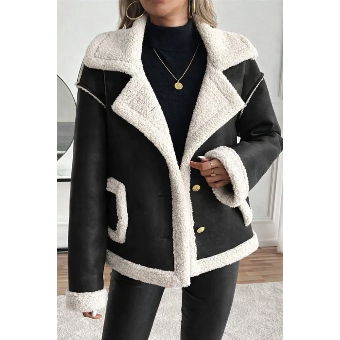 Kadın Uzun Kollu Yakalı önden Düğmeli Cep Detaylı Süet Ceket