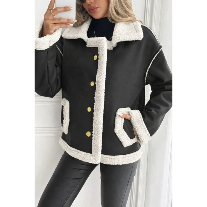 Kadın Uzun Kollu Yakalı önden Düğmeli Cep Detaylı Süet Ceket