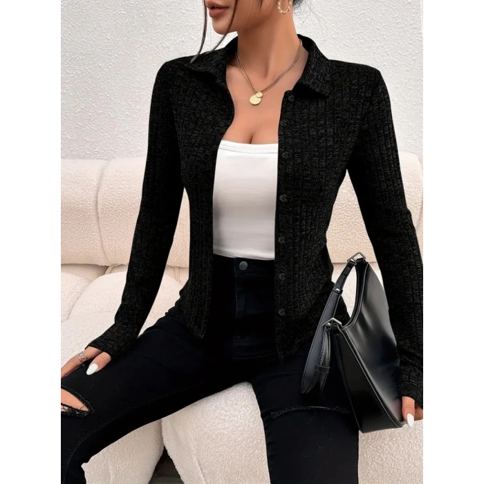 Kadın Uzun Kollu Yakalı önden Düğmeli Kısa Ceket